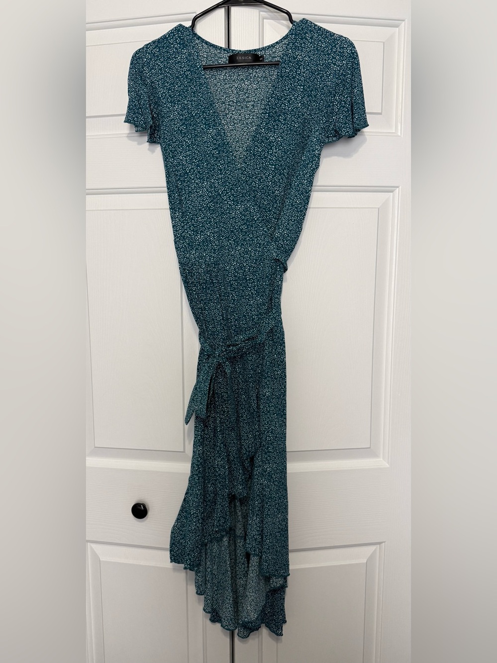 Women’s Teal & White Speckled Wrap Dress with Tie Waist